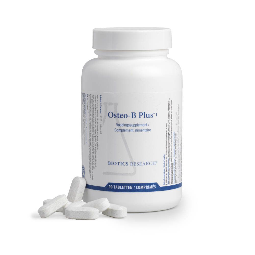 Flacon blanc avec capsules. Inscription: Osteo-B Plus. 90 comprimés. Produit à côté.