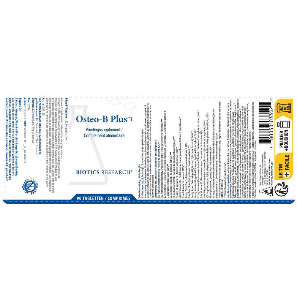 Étiquette avec informations sur le produit. Inscription: Osteo-B Plus. 90 comprimés. Informations sur le produit.