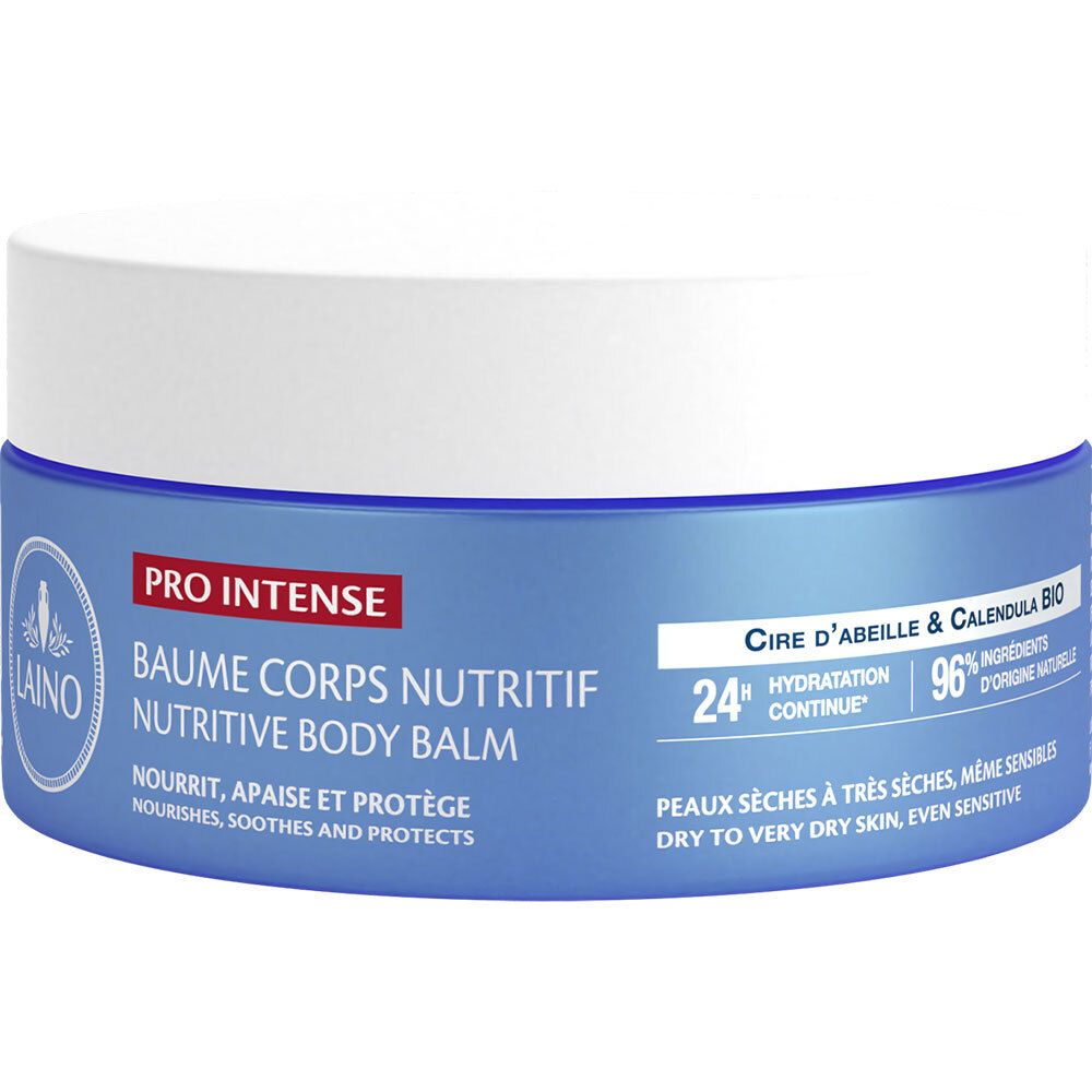 Pot bleu avec couvercle blanc. Inscription: LAINO, PRO INTENSE, BAUME CORPS NUTRITIF. Pour peaux sèches.