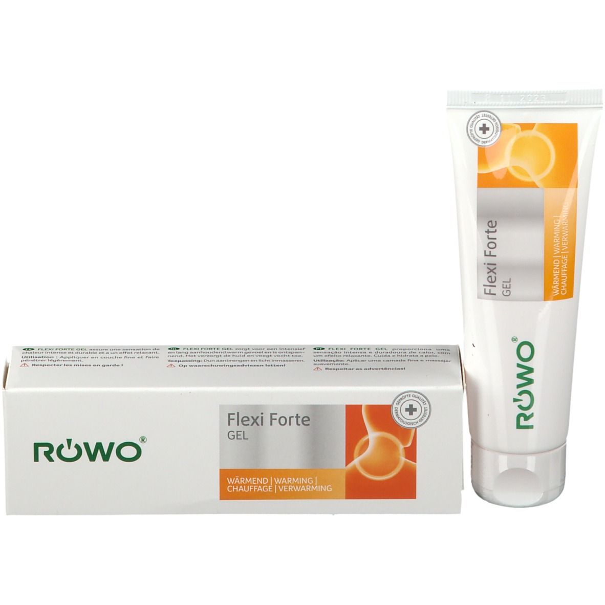 Produktverpackung mit Tube. Weiße Schachtel mit Flexi Forte Gel. Grünes Logo und Produktname.