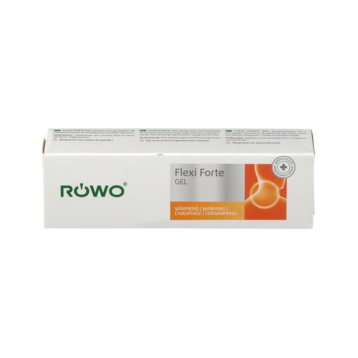 Weiße Schachtel mit Flexi Forte Gel. Grünes Logo und Produktname. Orangefarbene Grafik.