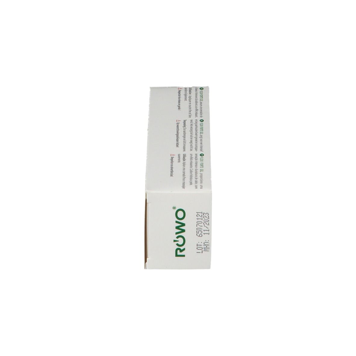 Seitenansicht der Produktverpackung. Grünes Logo und Produktinformationen. Text in mehreren Sprachen.