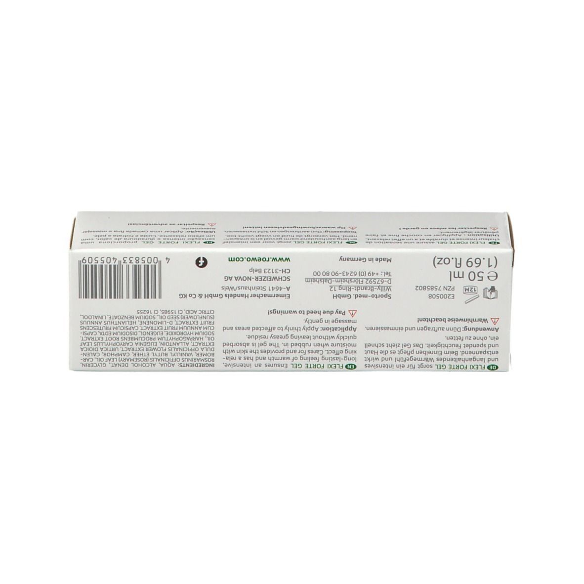 Oberseite der Produktverpackung. Text in mehreren Sprachen. Inhaltsstoffe und Herstellerinformationen.