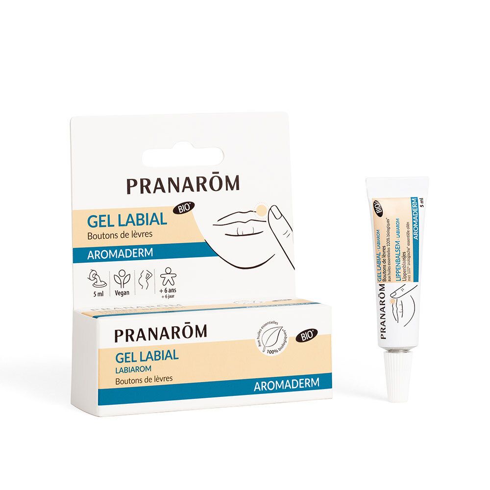 PRANAROM Gel Labial Aromaderm. Tube et emballage. 5 ml. Vegan. Certification Bio. Illustration d'une bouche avec du baume à lèvres.
