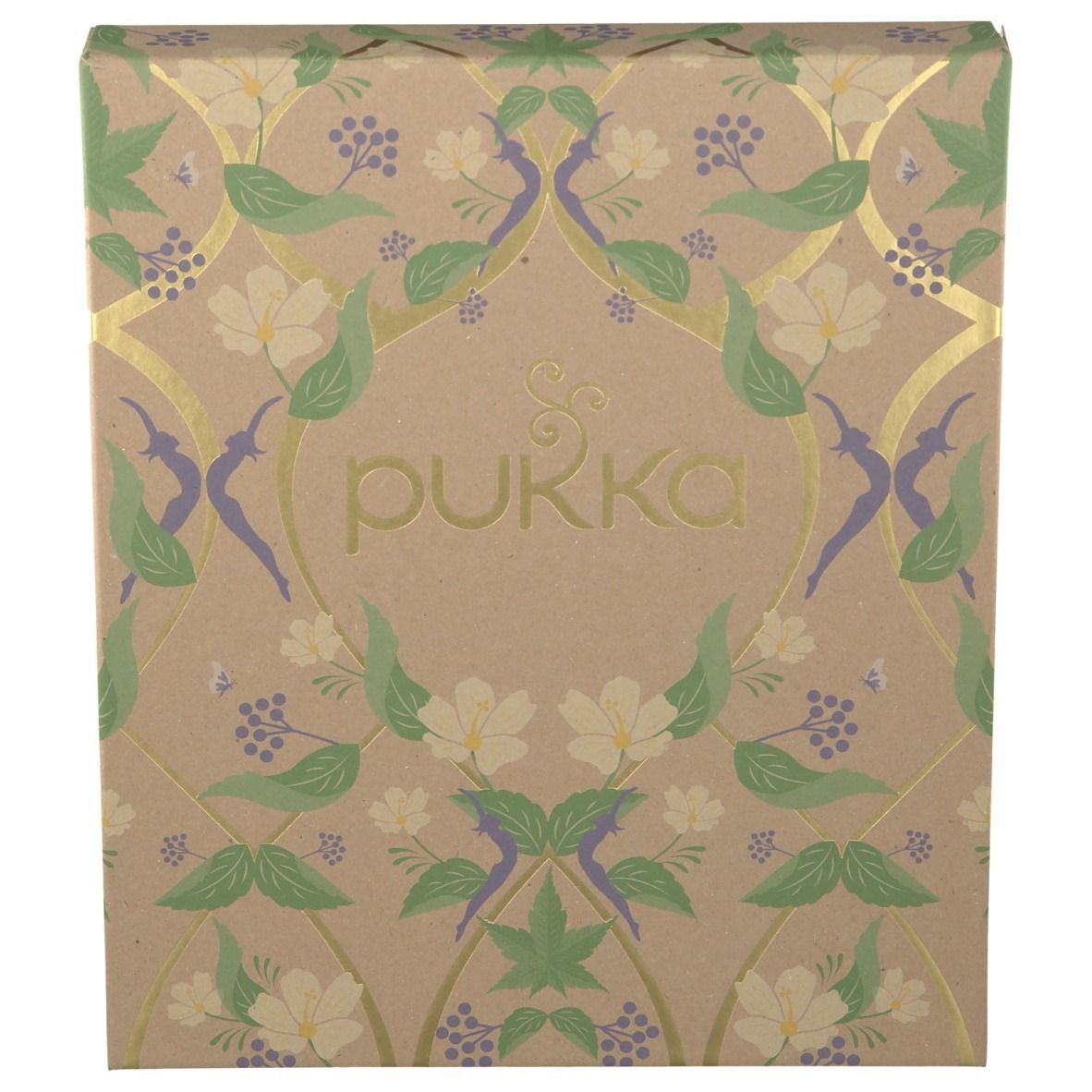 Vierkante doos met bloemenpatroon en Pukka-logo. Gouden accenten en illustraties.