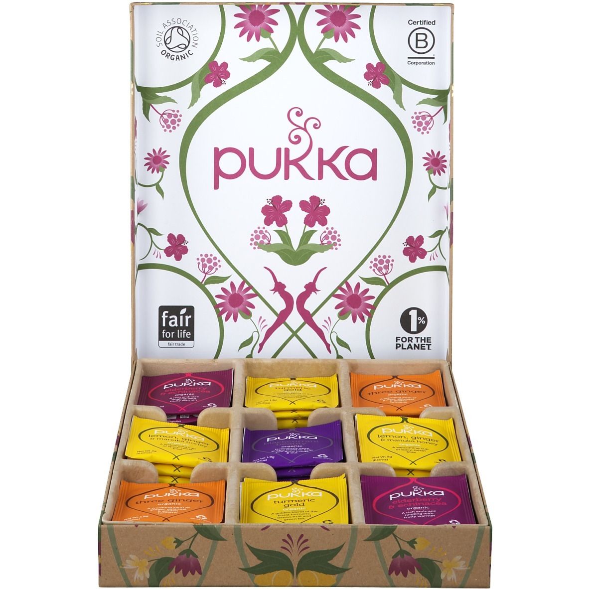 Pukka Herbs Immunität. Boîte en carton avec neuf sachets de thé. Logos et certifications visibles. Fair for Life et 1% pour la planète.