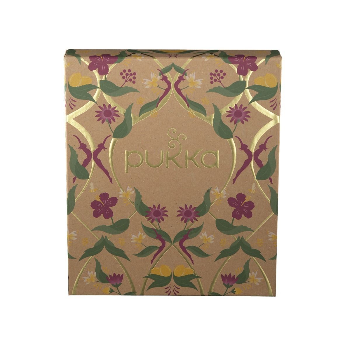 Emballage fermé de Pukka Herbs Immunität. Motif floral, logo doré. Certifications non visibles.