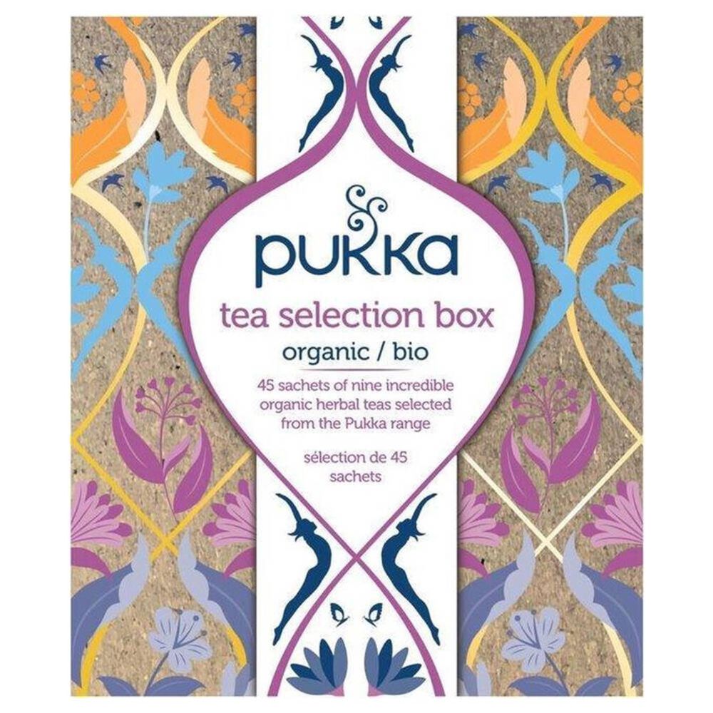 Pukka theeselectiedoos. Bloemenpatroon. Tekst: "organic / bio", "45 sachets".