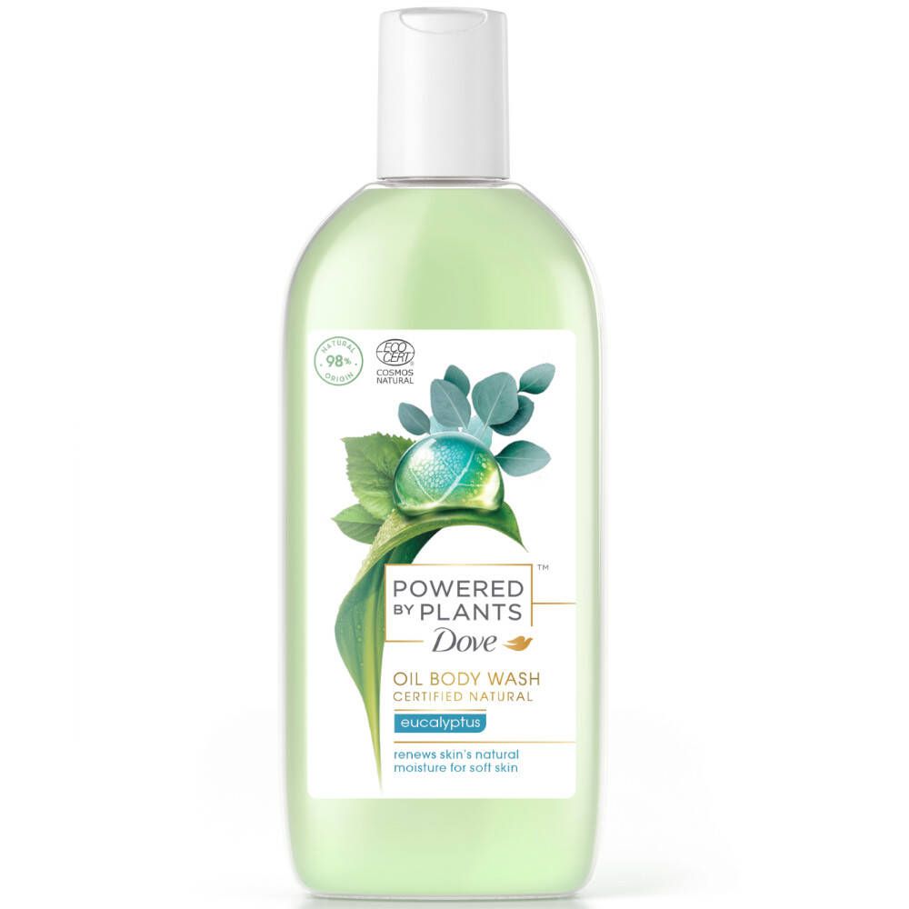 Grüne Flasche Dove Powered by Plants Pflegedusche Eucalyptus. Weißer Deckel, Etikett mit Pflanzenmotiv und Text.