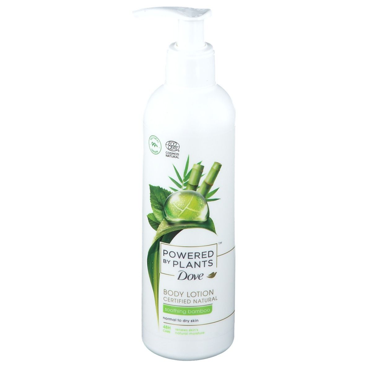 Flacon blanc avec pompe. Inscription : Powered by Plants, Dove, Body Lotion. Certifié naturel. Extrait de bambou.