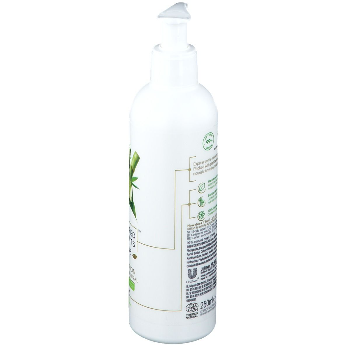 Flacon blanc avec pompe. Texte et logos sur le côté. 250 ml. Certifications et ingrédients.