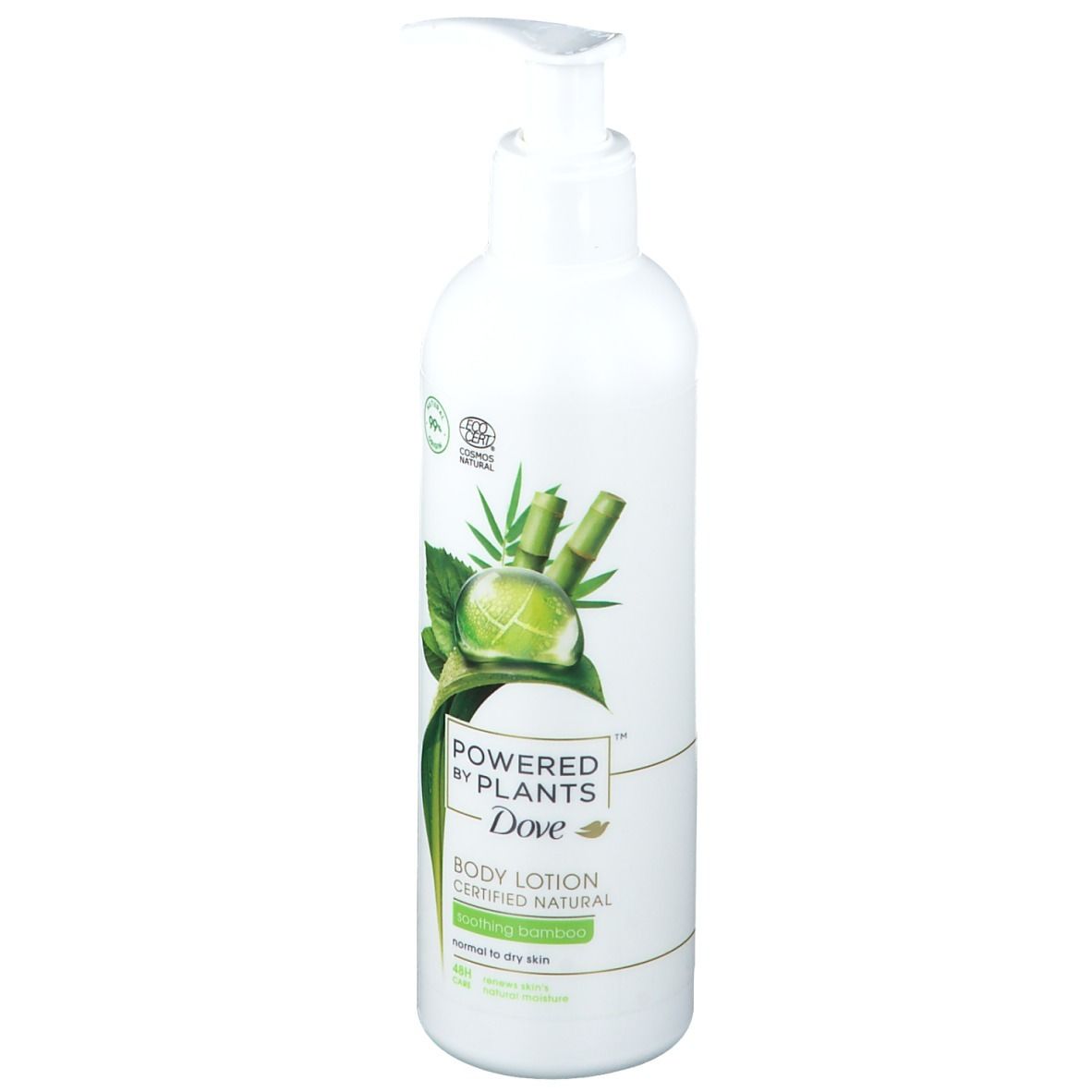 Flacon blanc avec pompe. Inscription : Powered by Plants, Dove, Body Lotion. Certifié naturel. Extrait de bambou.