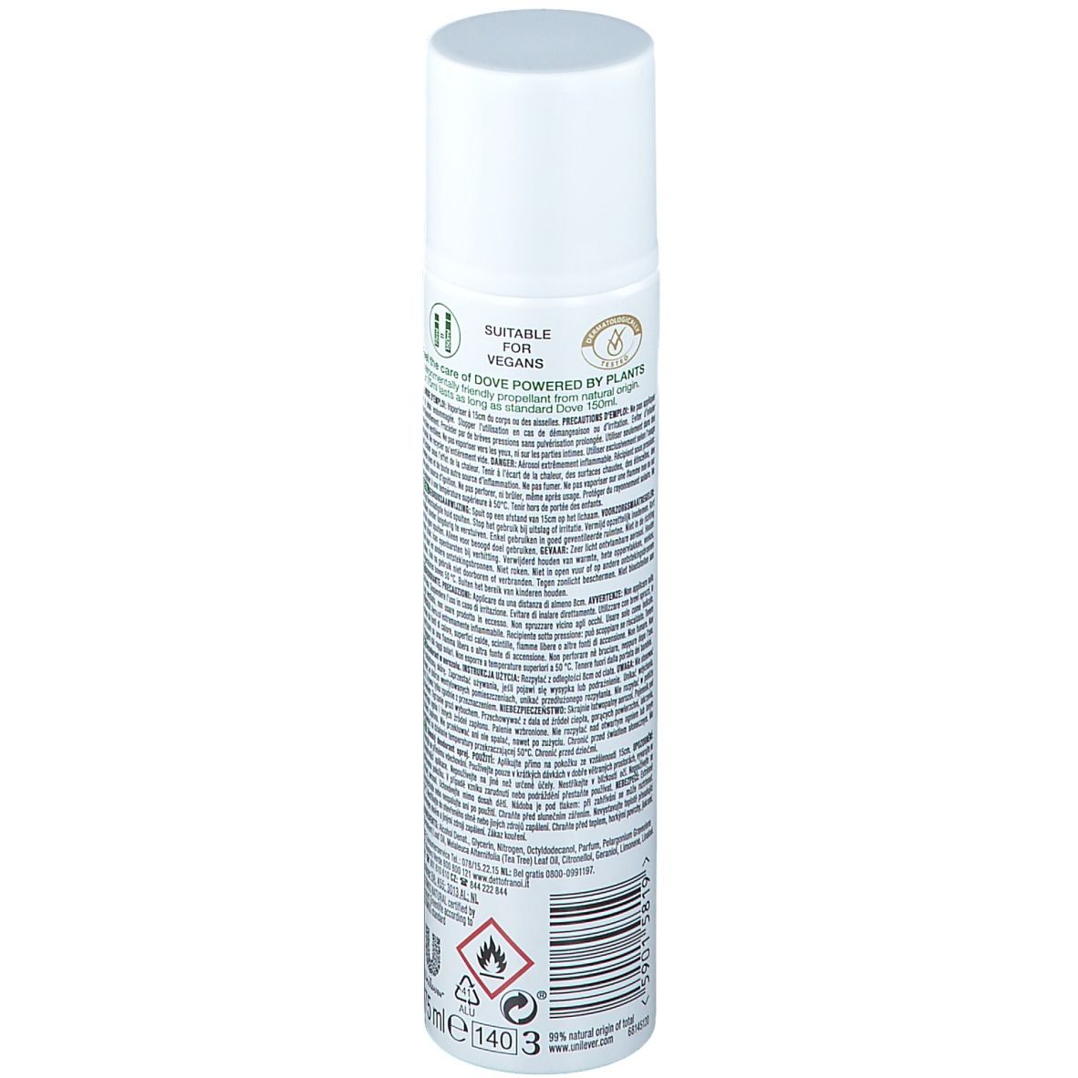 Achterkant van de deodorant spray. Tekst: Dove Powered by Plants. Geschikt voor veganisten. Waarschuwingen en ingrediënten. Volume: 140 ml.