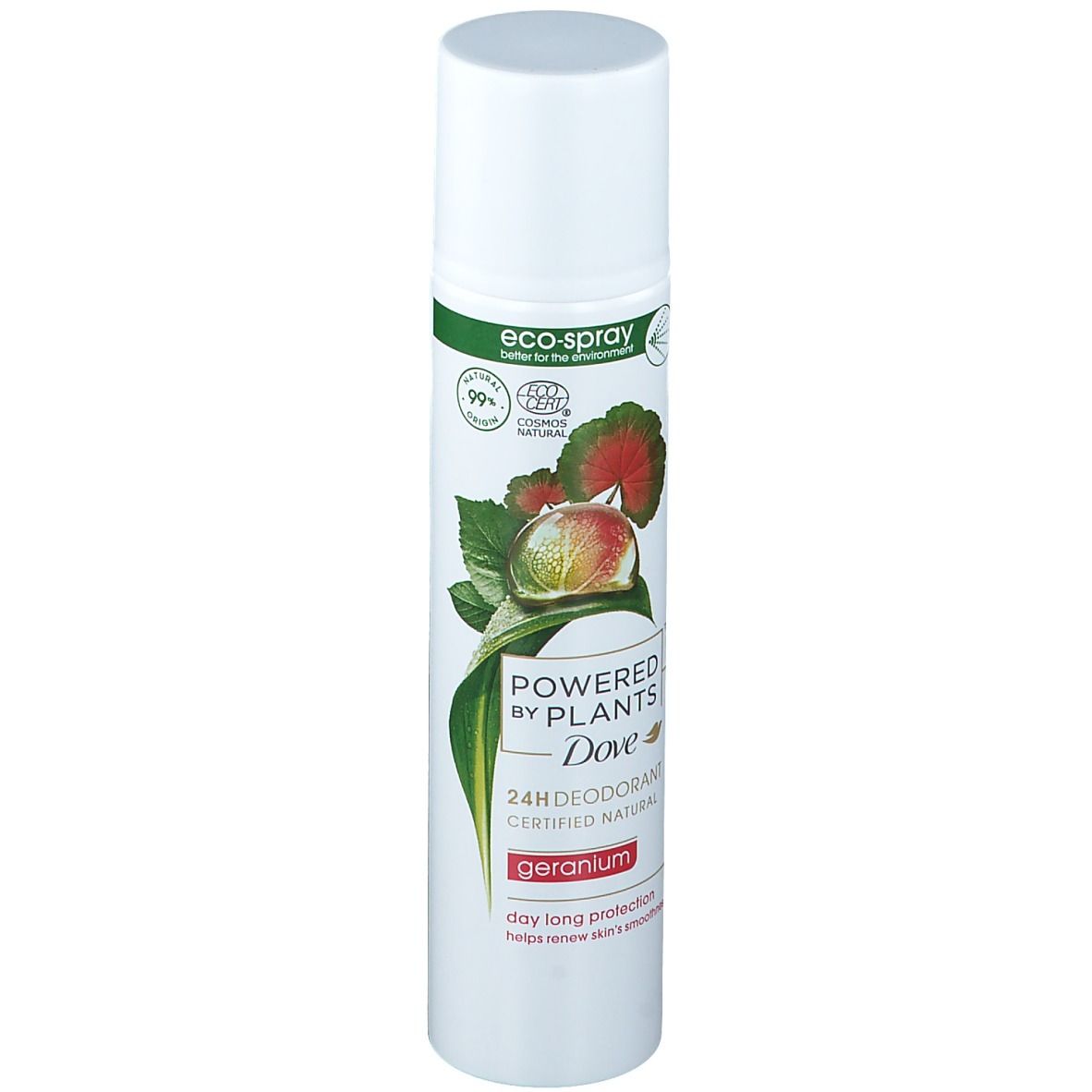 Deospray met witte dop. Opschrift: Powered by Plants, Dove, 24H Deodorant, Geranium. Met plantenafbeelding en Eco-Spray logo.