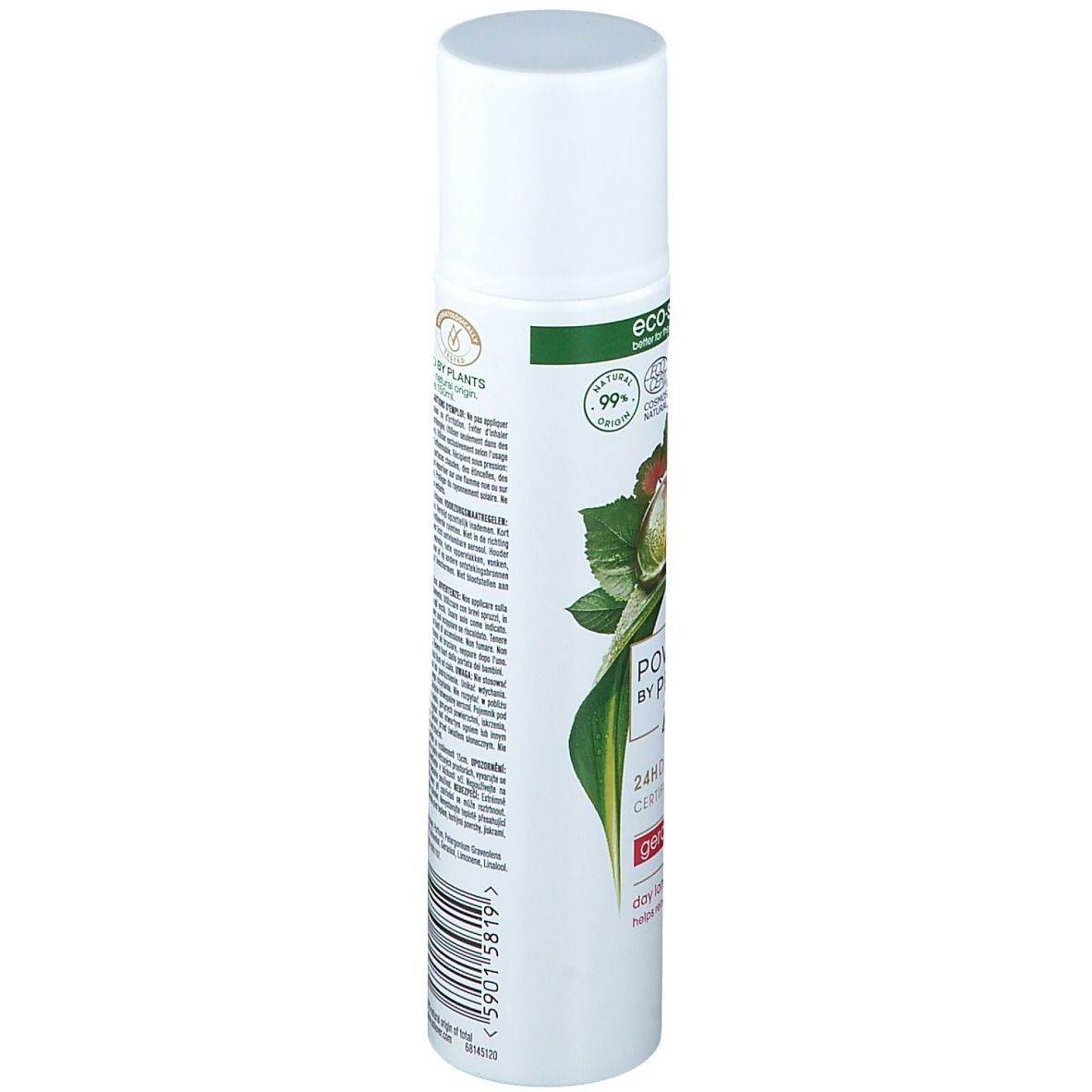 Deospray, zijaanzicht. Opschrift: Powered by Plants, Dove, 24H Deodorant, Geranium. Met plantenafbeelding en Eco-Spray logo.