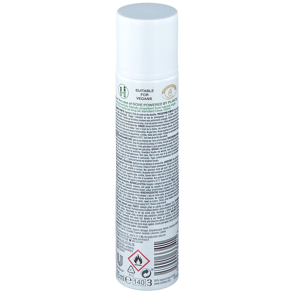 Achterkant van een witte deodorant spray. Opschrift: Suitable for vegans. Waarschuwingen. Volume: 75ml.