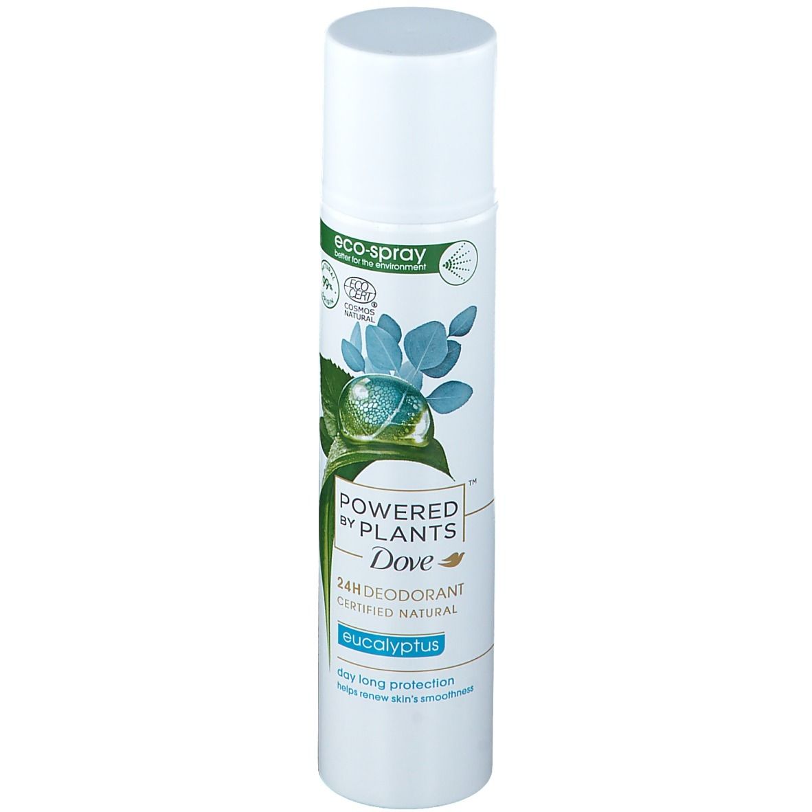 Witte deodorant spray met groene opdruk. Opschrift: Powered by Plants, Dove, 24h Deodorant, Eucalyptus. Eco-Spray zegel.