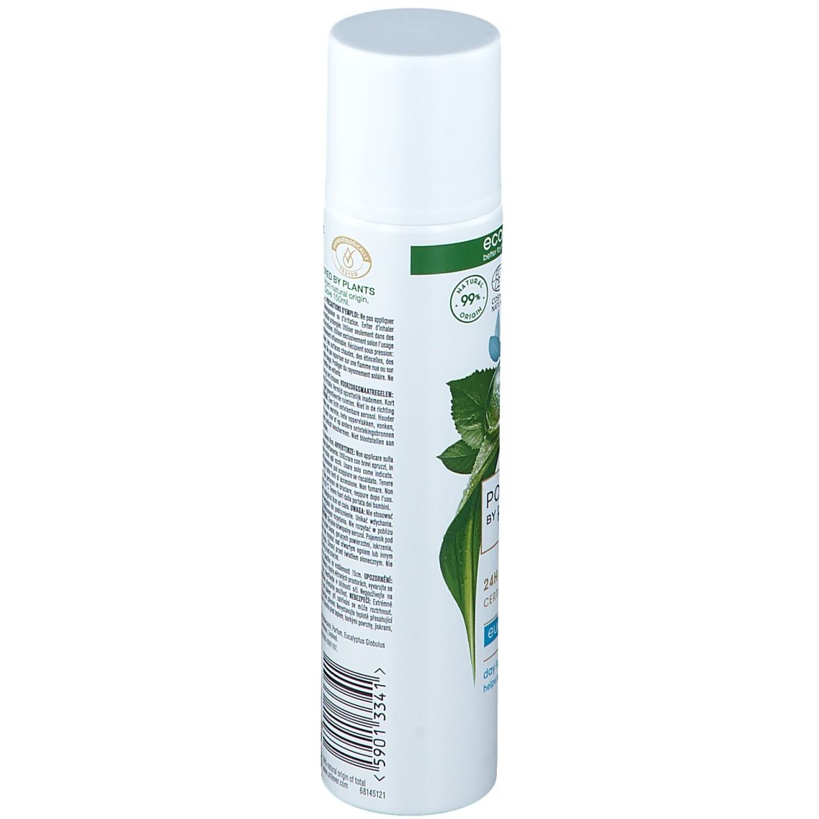 Witte deodorant spray, zijaanzicht. Opschrift: Powered by Plants, Dove, 24h Deodorant, Eucalyptus. Eco-Spray zegel.