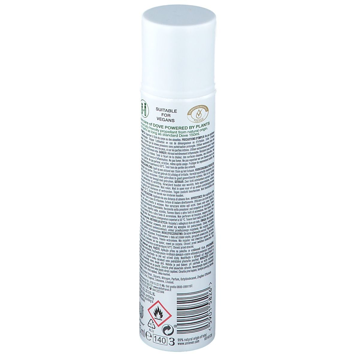 Witte deodorant spray. Tekst: "SUITABLE FOR VEGANS".