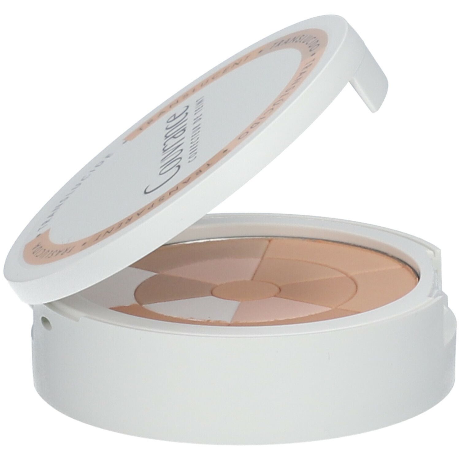 Witte cosmetische compact met open deksel. Mozaïekpoeder in verschillende beigetinten. Deksel met tekst.