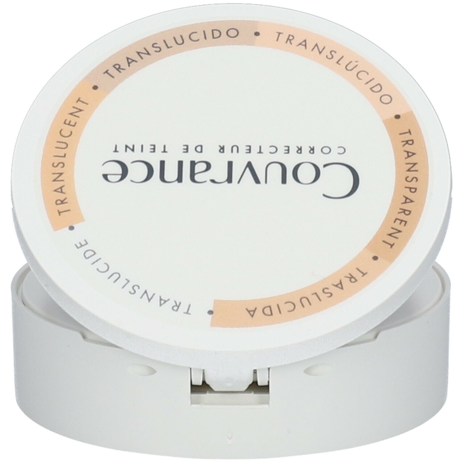 Witte cosmetische compact met gesloten deksel. Opschrift 'Couvrance' en 'Translucide' op het deksel.