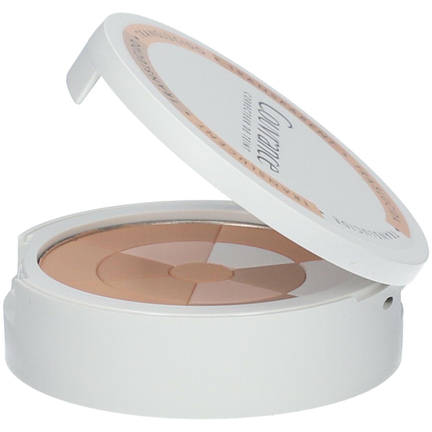 Witte cosmetische compact met open deksel. Mozaïekpoeder in verschillende beigetinten. Deksel met tekst.