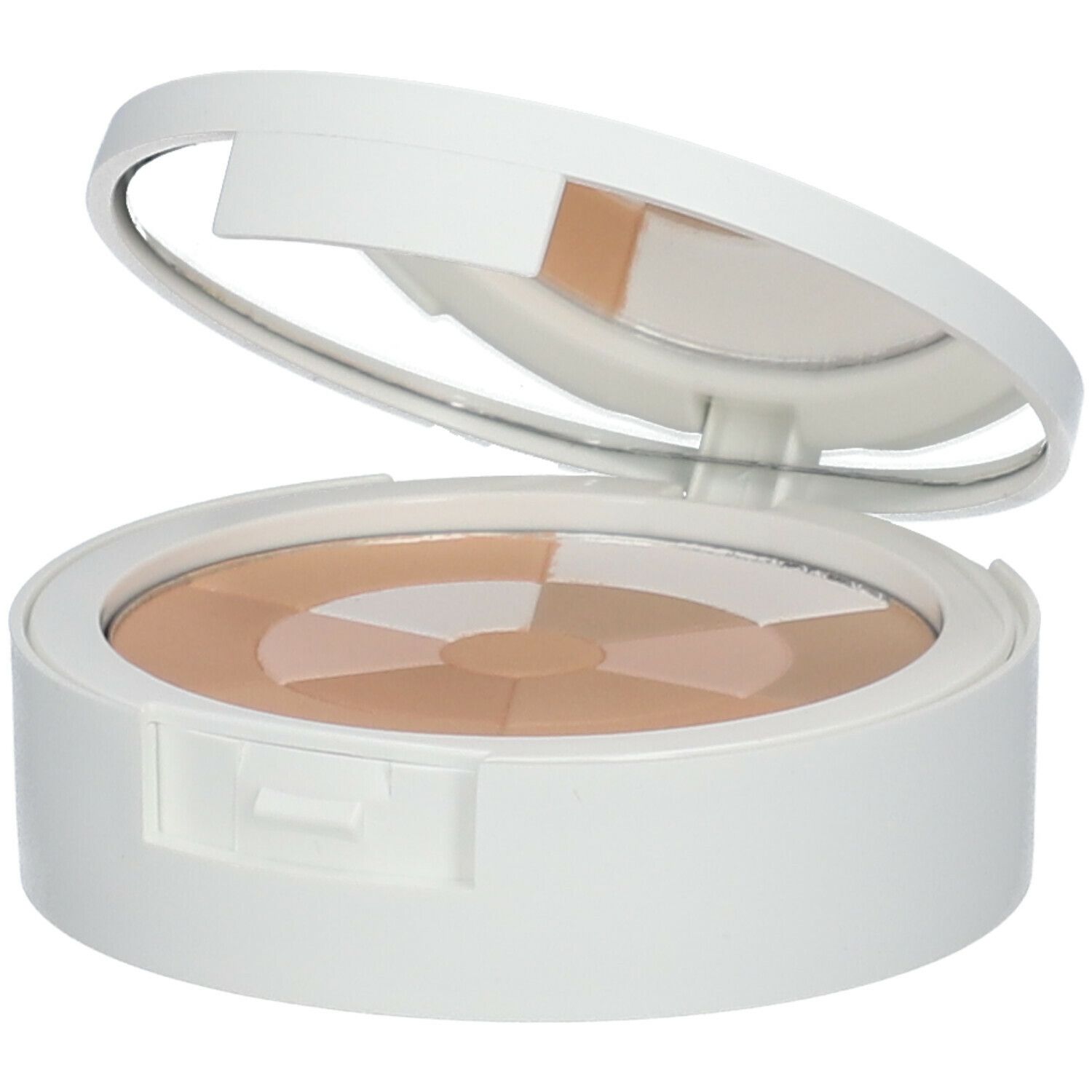 Witte cosmetische compact met open deksel. Binnenin spiegel en poederapplicator. Mozaïekpoeder zichtbaar.