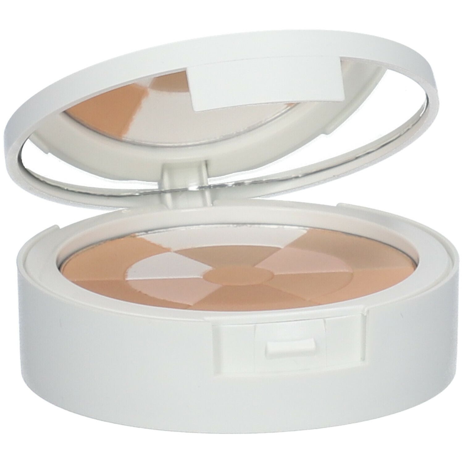 Witte cosmetische compact met open deksel. Binnenin spiegel en mozaïekpoeder in verschillende beigetinten.