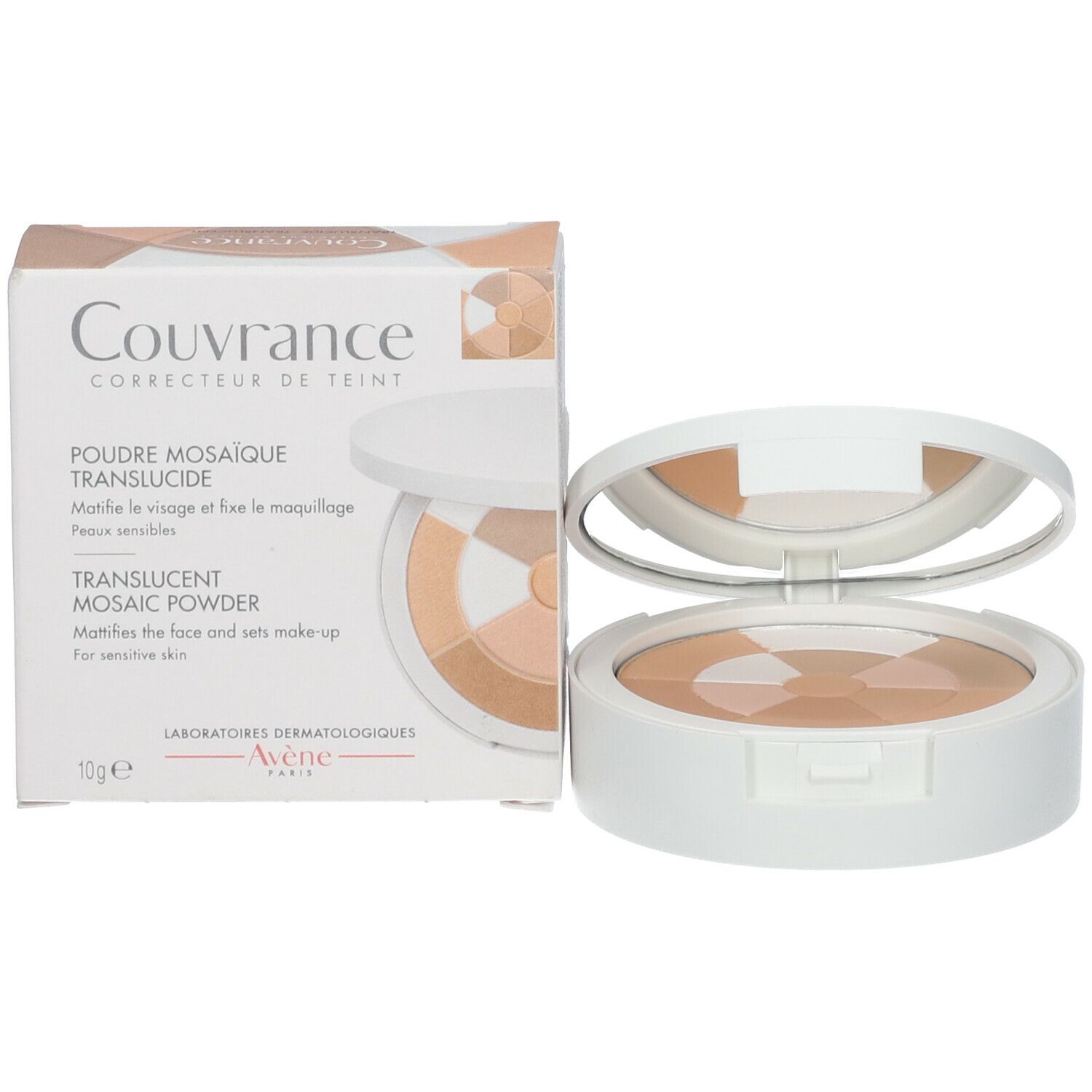 Productverpakking en cosmetische compact. Tekst en afbeelding van het product op de verpakking. Compact geopend.