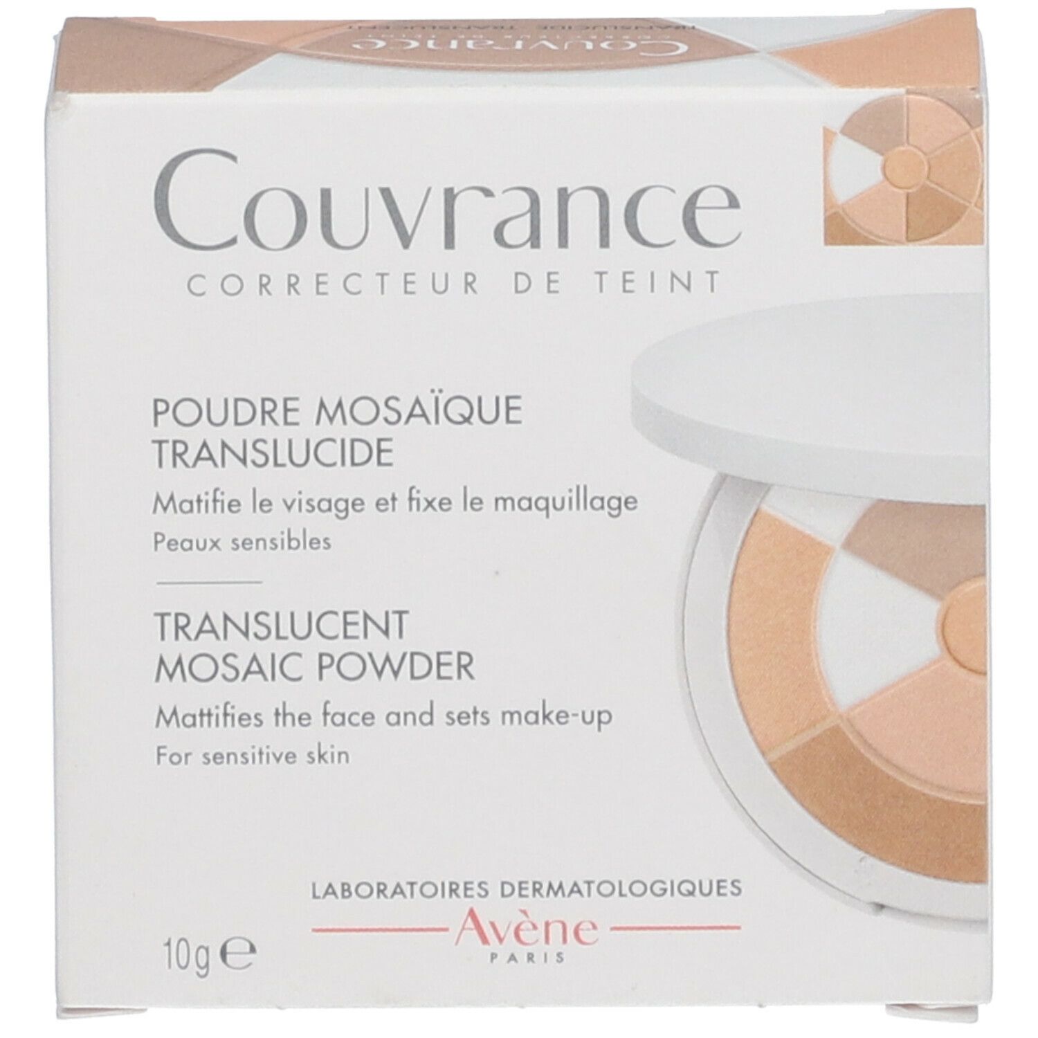 Productverpakking met tekst en afbeelding. Opschrift 'Couvrance' en 'Poudre mosaïque'.