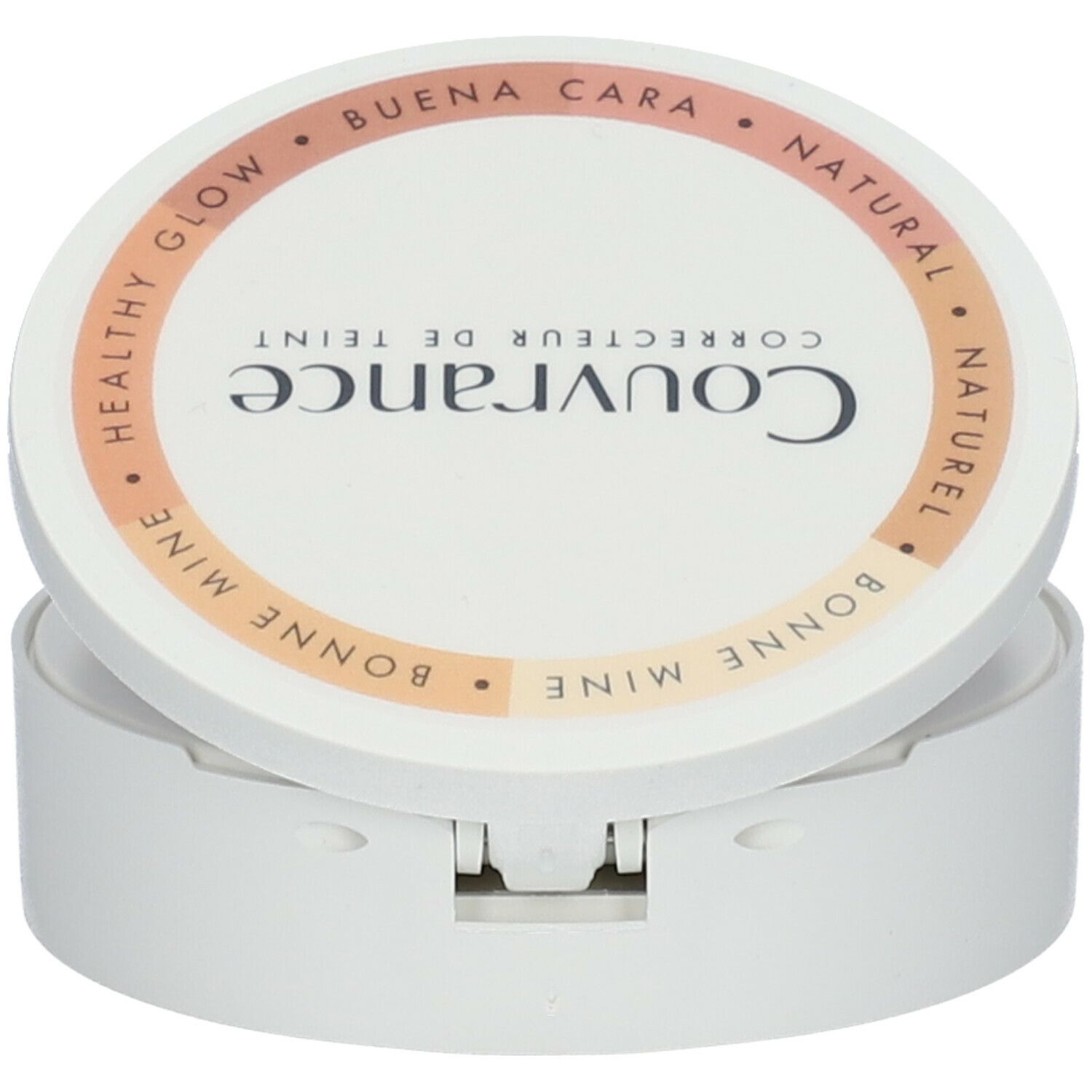 Ronde, witte houder met open deksel. Tekst Couvrance. Tekst: Bonne Mine, Healthy Glow.