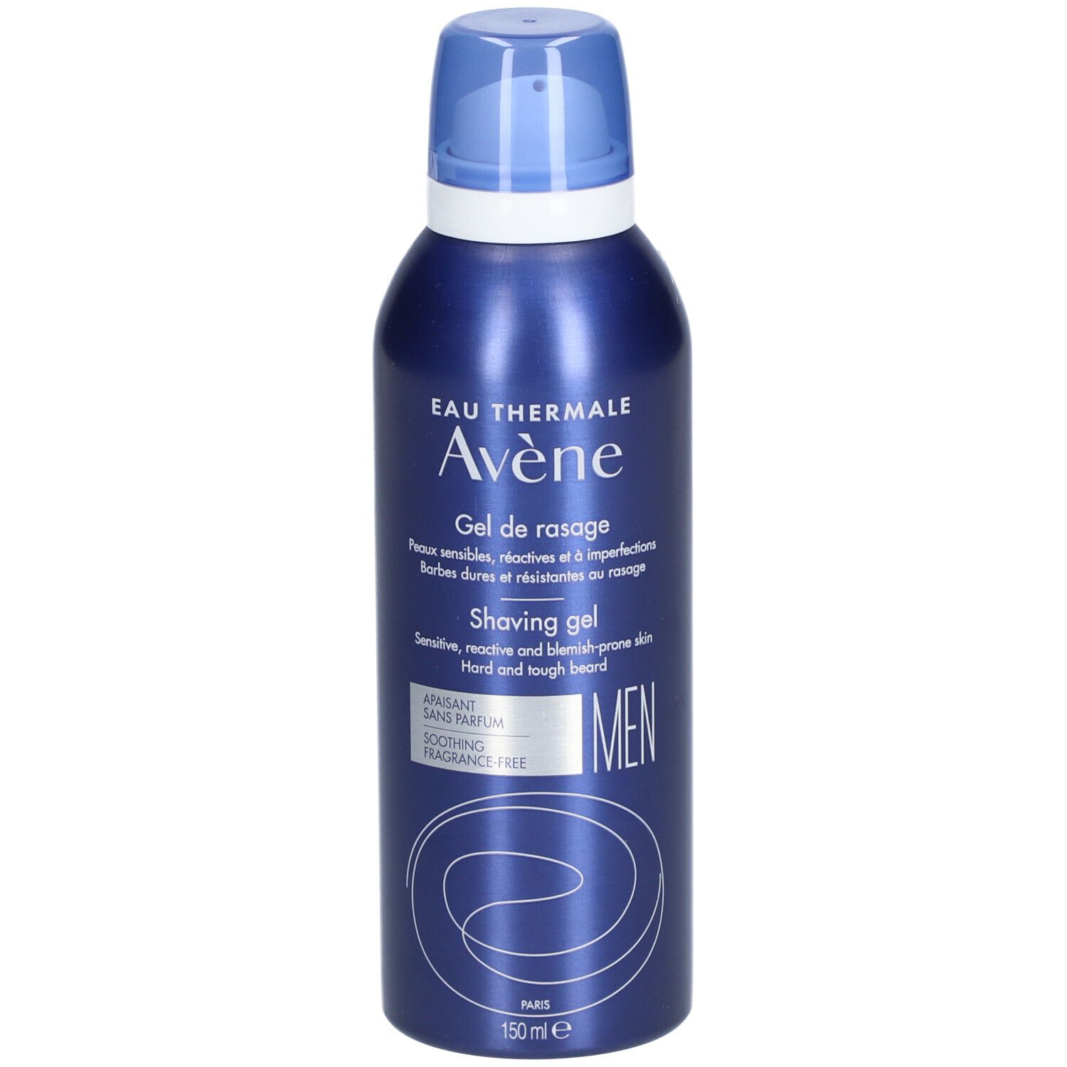 Blauwe metalen fles. Opschrift: Eau Thermale Avène, Gel de rasage, Shaving gel, MEN. 150 ml.