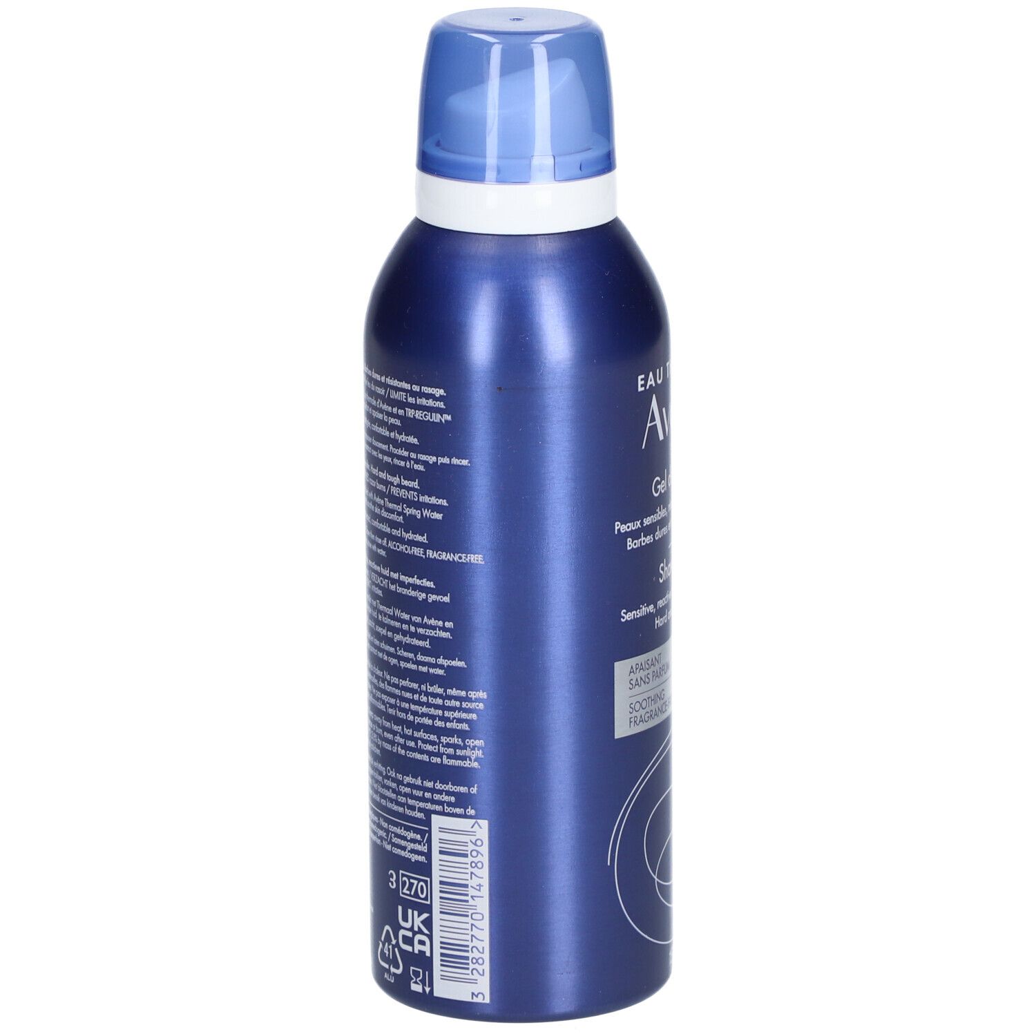 Blauwe metalen fles. Opschrift: Eau Thermale Avène. Meertalige tekst. UK CA-merk.