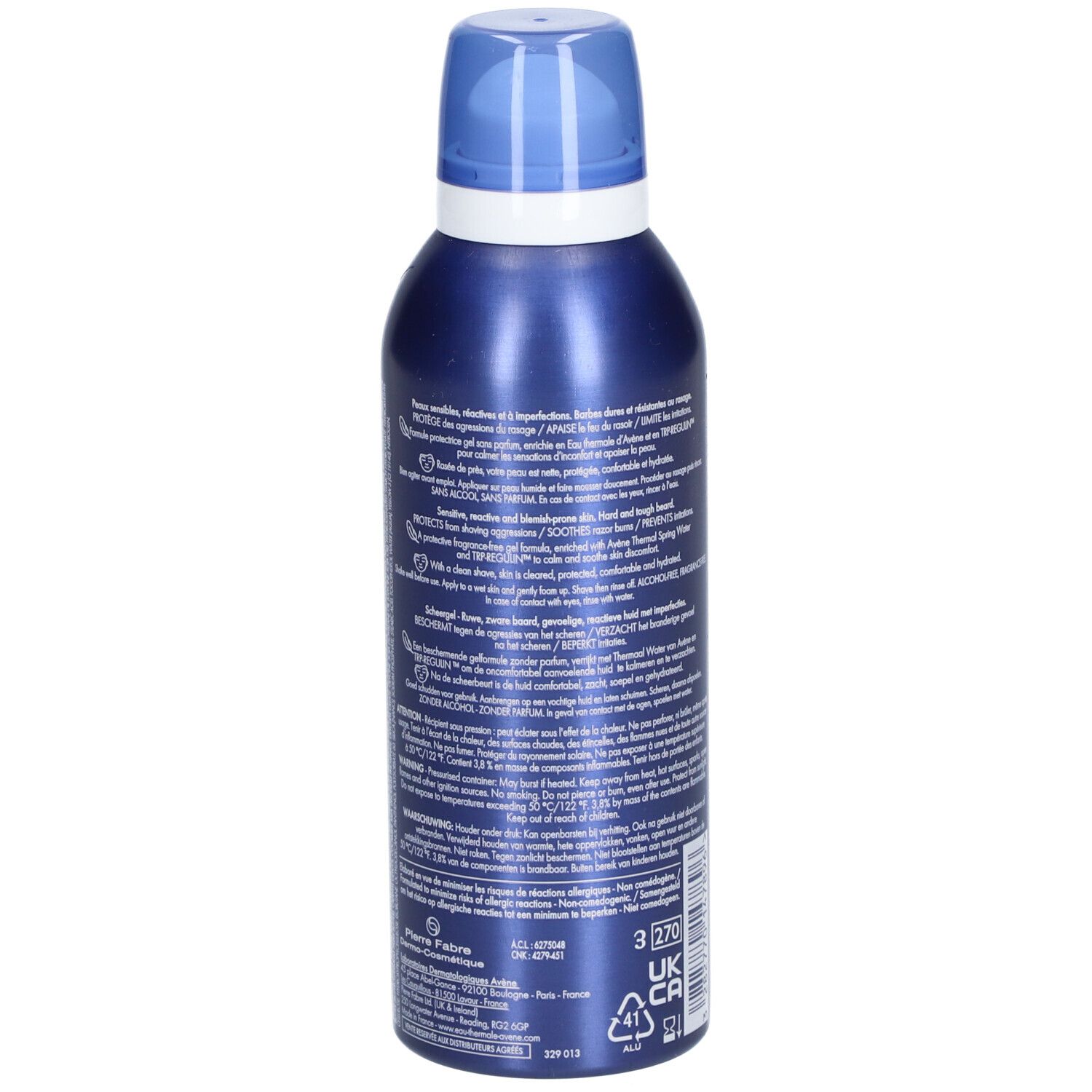 Blauwe metalen fles. Opschrift: Eau Thermale Avène. Meertalige tekst. UK CA-merk.