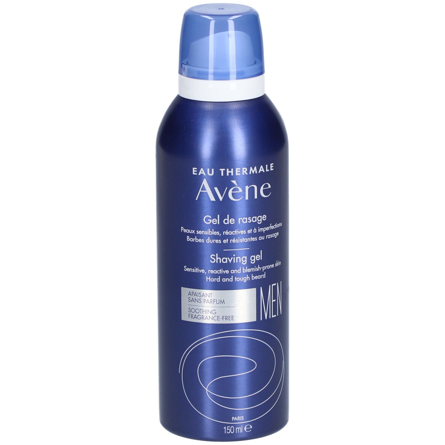 Blauwe metalen fles. Opschrift: Eau Thermale Avène, Gel de rasage, Shaving gel, MEN. 150 ml.