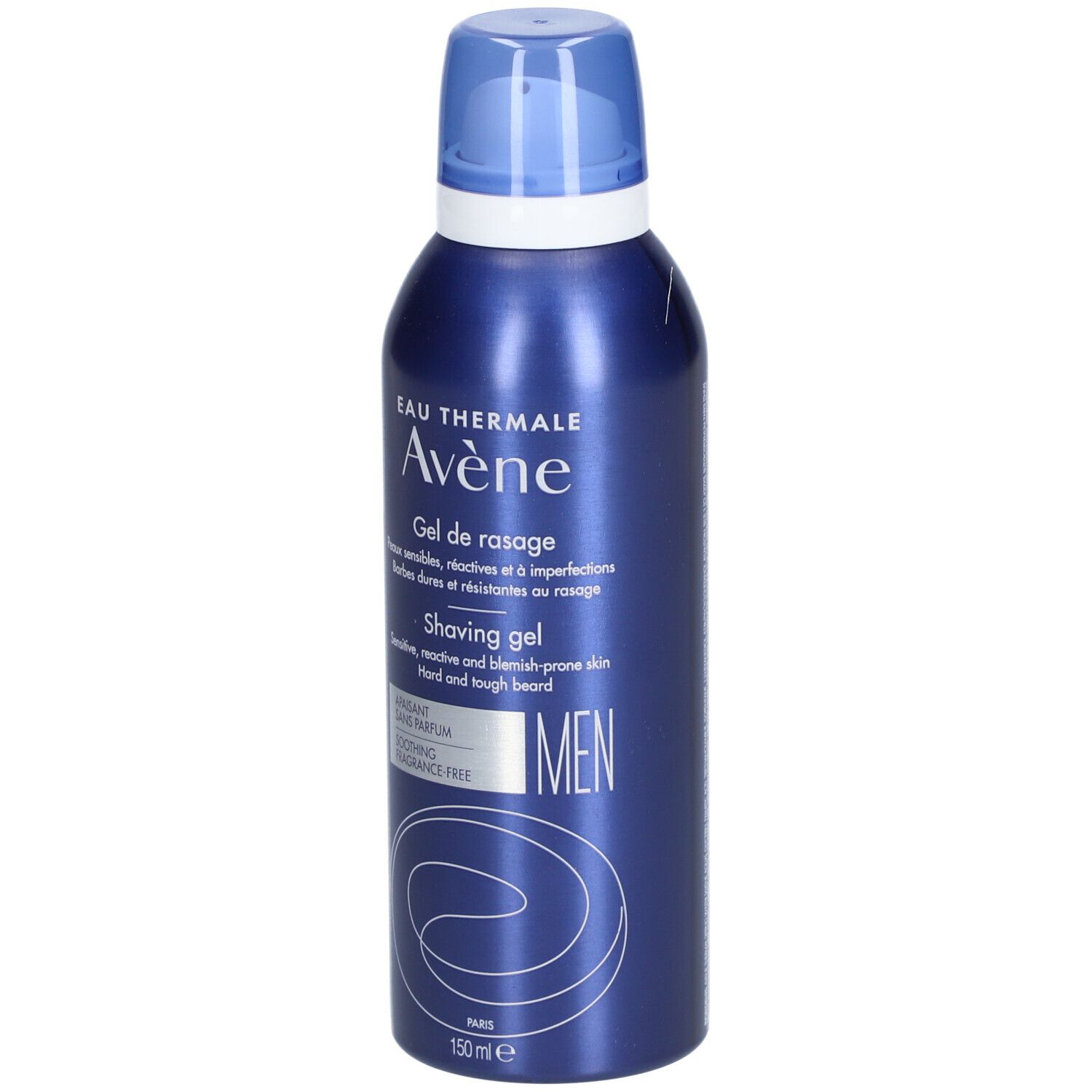 Blauwe metalen fles. Opschrift: Eau Thermale Avène, Gel de rasage, Shaving gel, MEN. 150 ml.