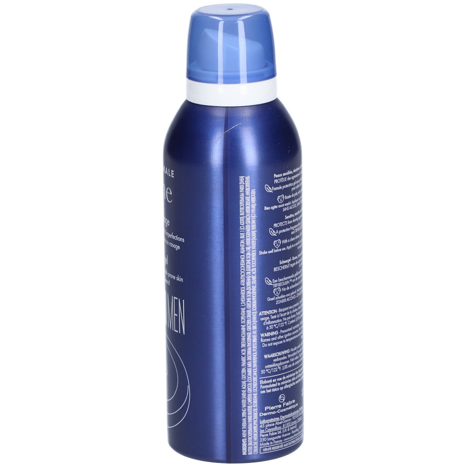 Blauwe metalen fles. Opschrift: Eau Thermale Avène. Meertalige tekst. UK CA-merk.