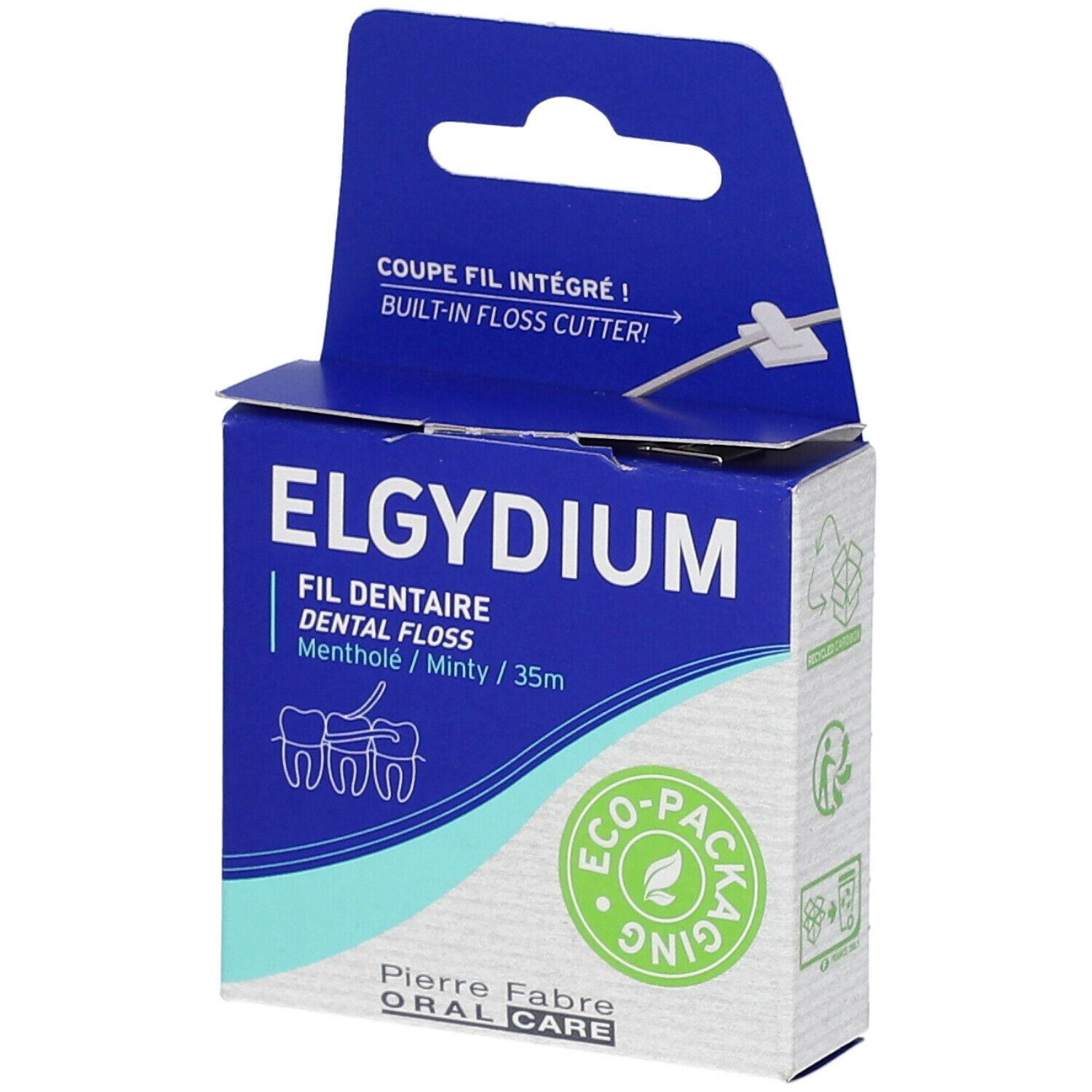 ELGYDIUM-flosdraad doos. Tekst: "Dental Floss", "Menthholé / Minty / 35m". Eco-verpakking.