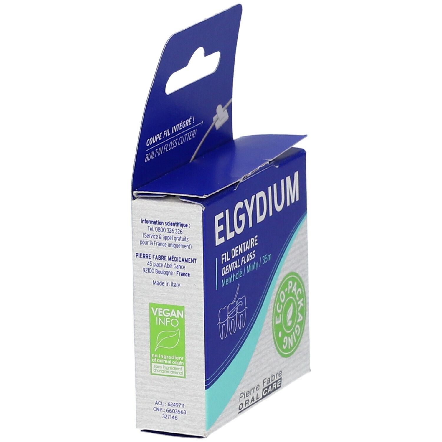 Zijkant van ELGYDIUM-flosdraaddoos. Tekst: "Dental Floss", "Menthholé / Minty / 35m" en Vegan-logo.