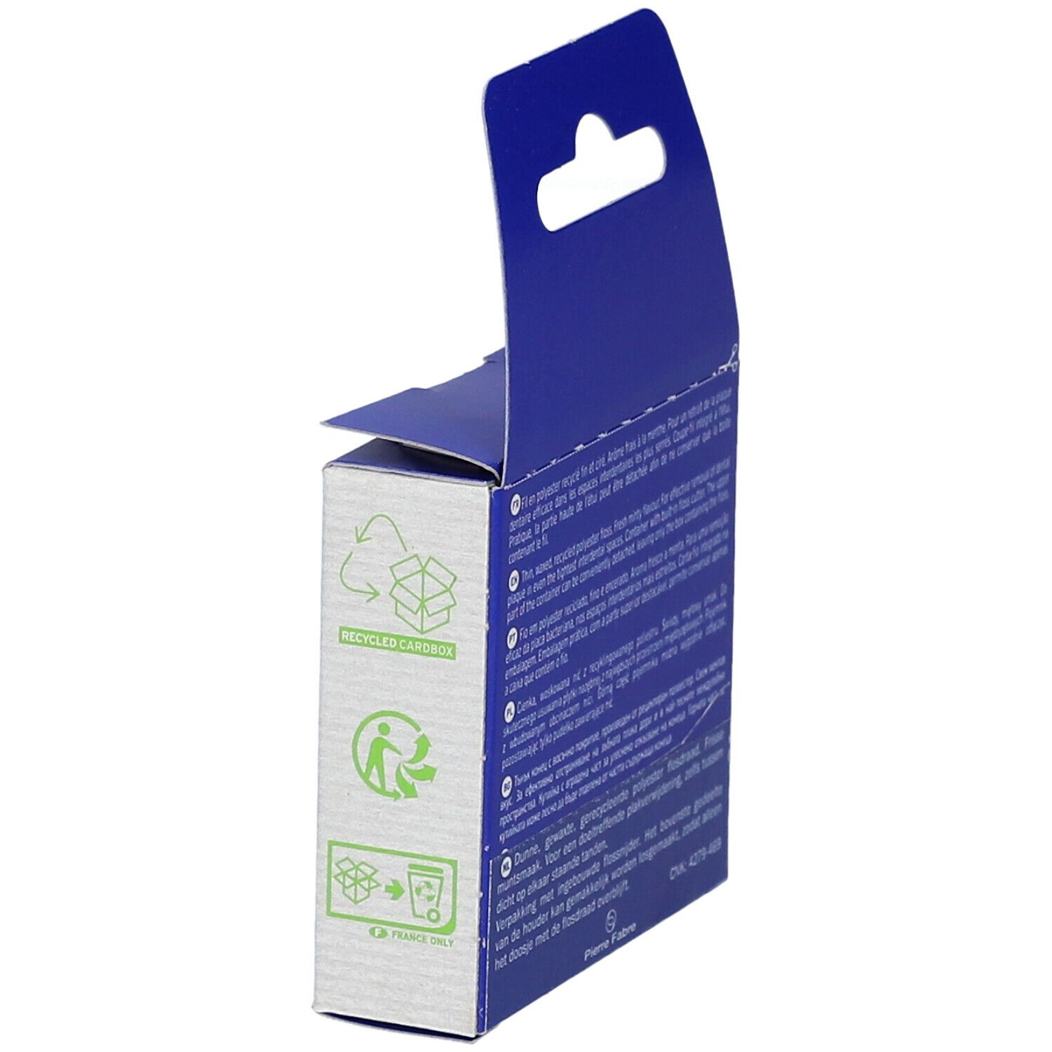 Zijkant van de ELGYDIUM-flosdraaddoos. Recyclingsymbolen en tekst.