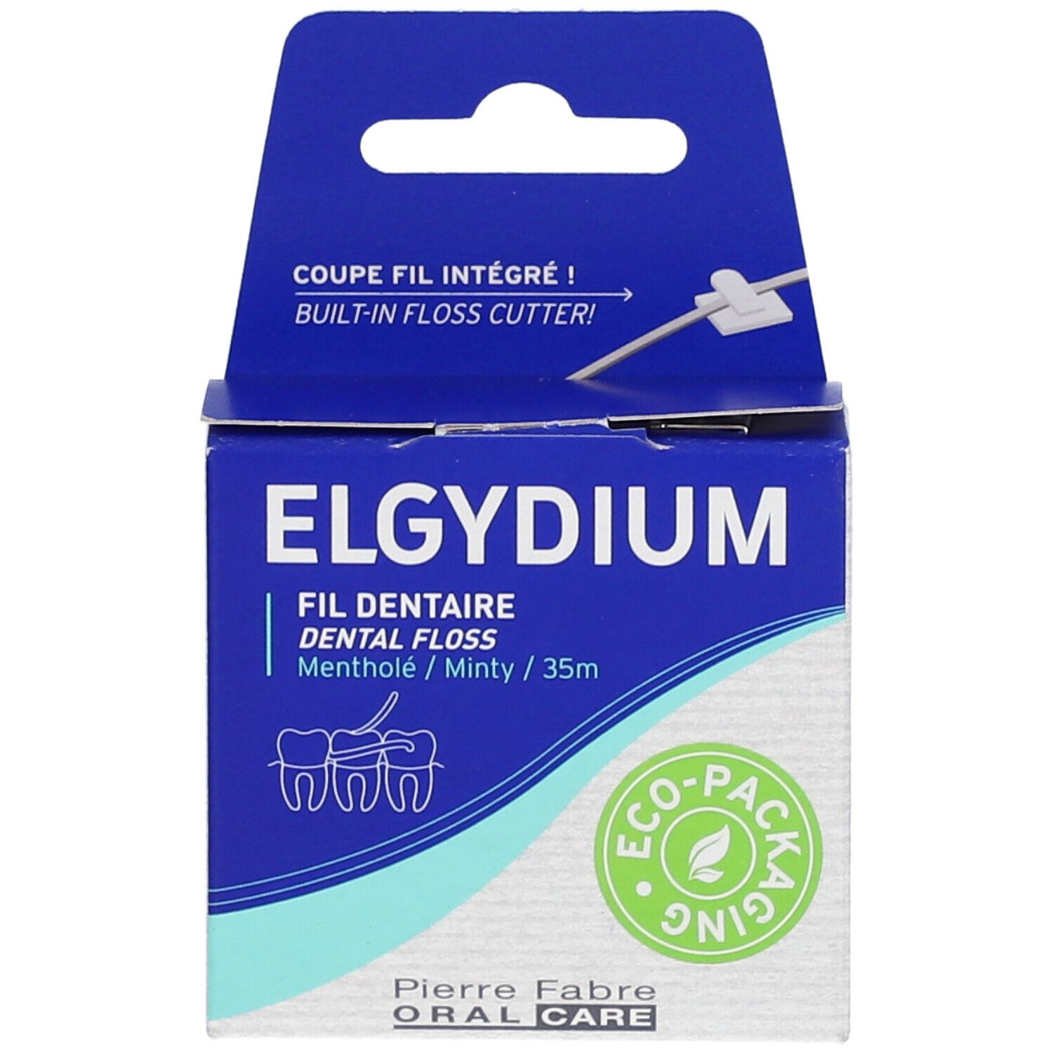 ELGYDIUM Öko-Zahnseide 35m in blauer Box mit integriertem Schneider.
