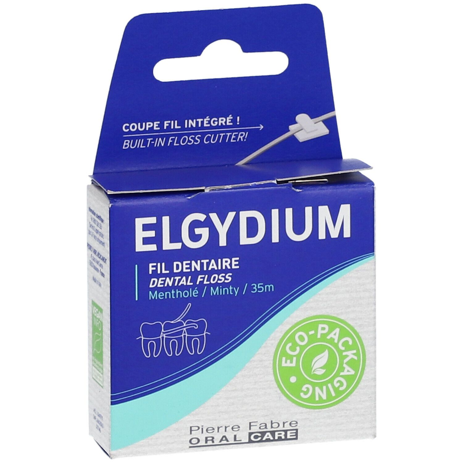ELGYDIUM-flosdraaddoos. Tekst: "Dental Floss", "Menthholé / Minty / 35m" en eco-verpakkingslogo.