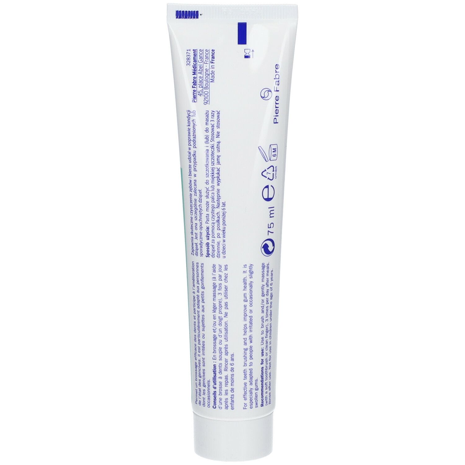 Rückseite der ELGYDIUM Zahncreme-Tube. Text in mehreren Sprachen. Herstellerinformationen. Volumen: 75 ml.