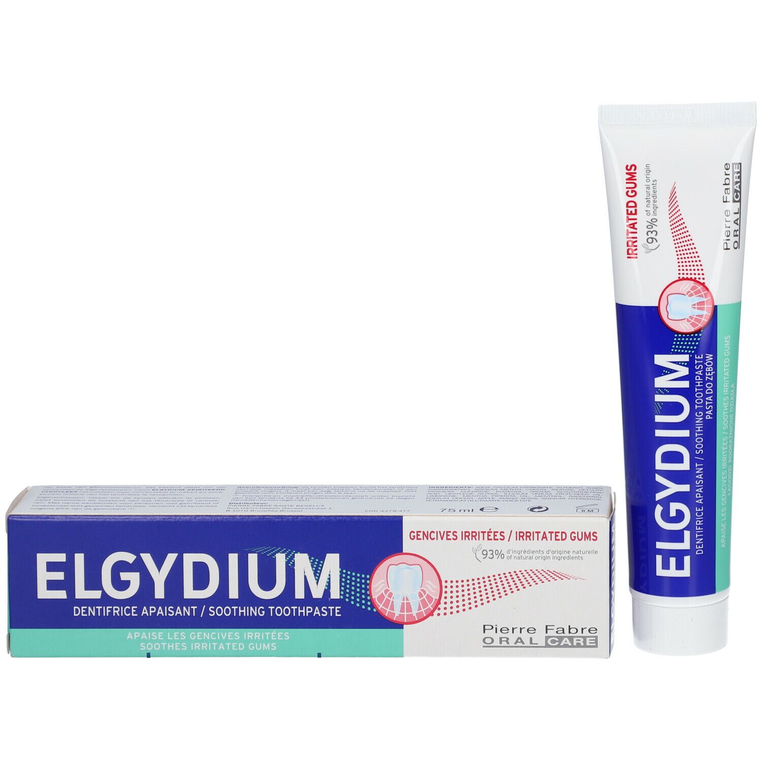 ELGYDIUM Zahncreme-Tube und Schachtel. Schachtel mit Aufschrift: Irritiertes Zahnfleisch. Pierre Fabre Oral Care.