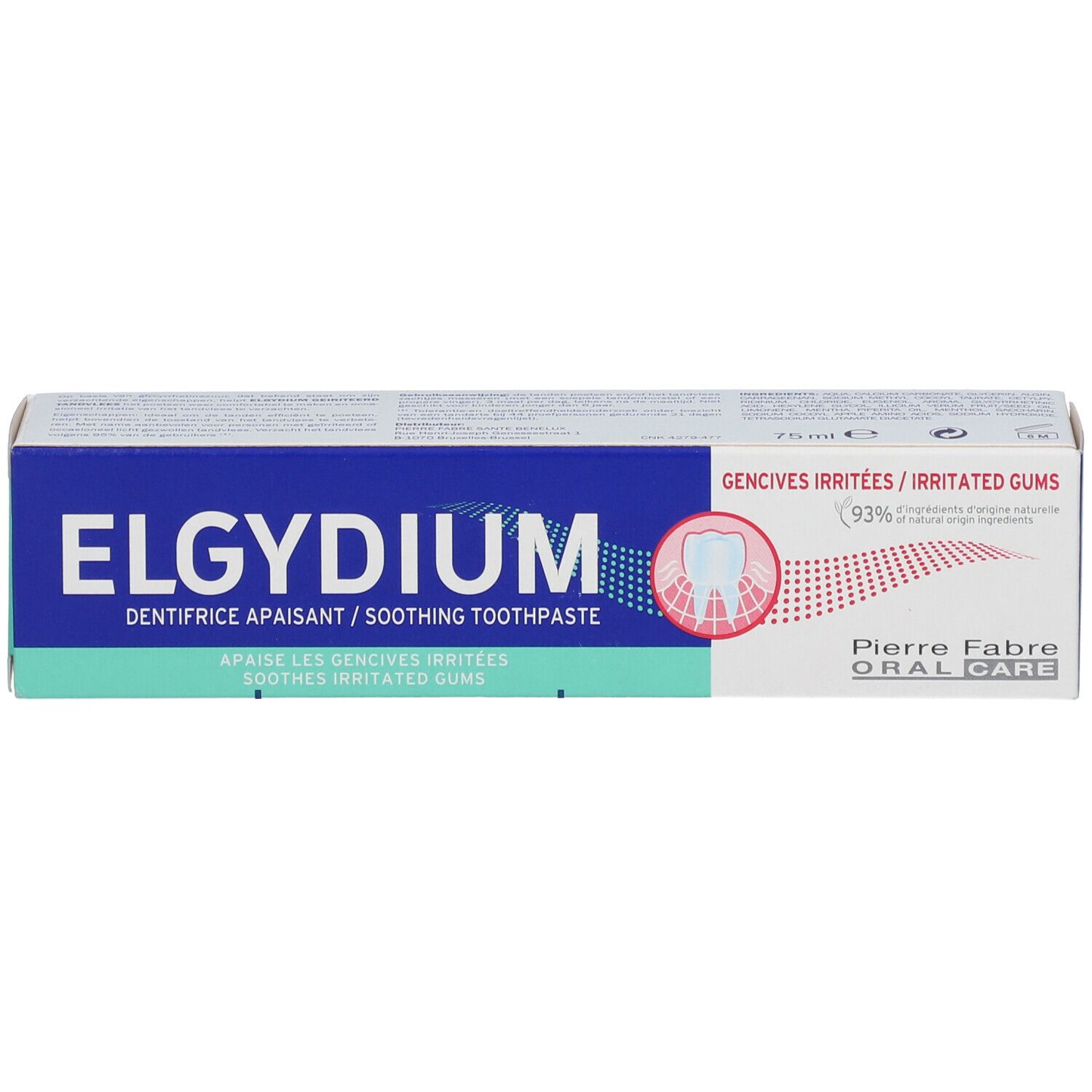 ELGYDIUM Zahnpasta-Schachtel. Aufschrift: Irritiertes Zahnfleisch. Pierre Fabre Oral Care. 93% natürliche Inhaltsstoffe.
