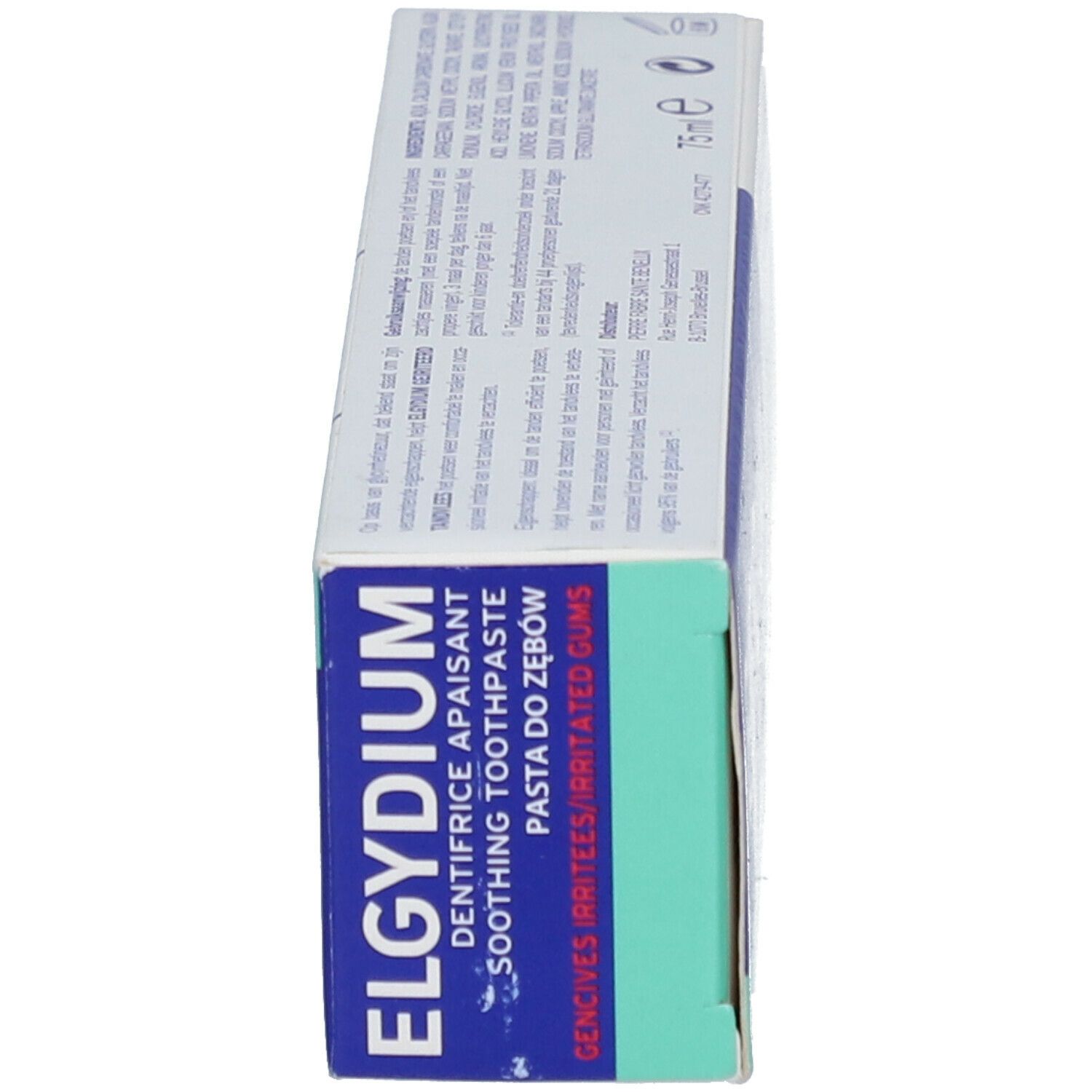 ELGYDIUM Zahnpasta-Schachtel, Seitenansicht. Aufschrift: ELGYDIUM, Gencives Irritées/Irritated Gums.