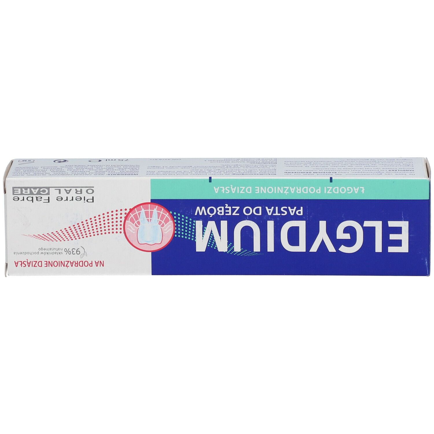 ELGYDIUM Zahnpasta-Schachtel. Aufschrift: Auf gereiztes Zahnfleisch. Pierre Fabre Oral Care. 93% natürliche Inhaltsstoffe.