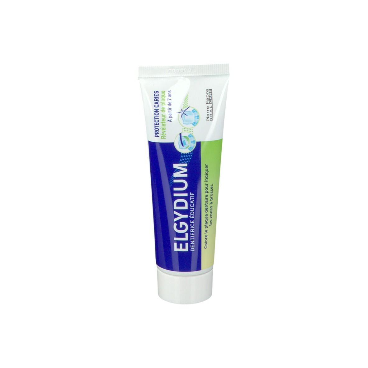 ELGYDIUM tandpastatube. Blauw-wit-groene tube met productnaam en tekst. Bescherming tegen cariës vanaf 7 jaar.