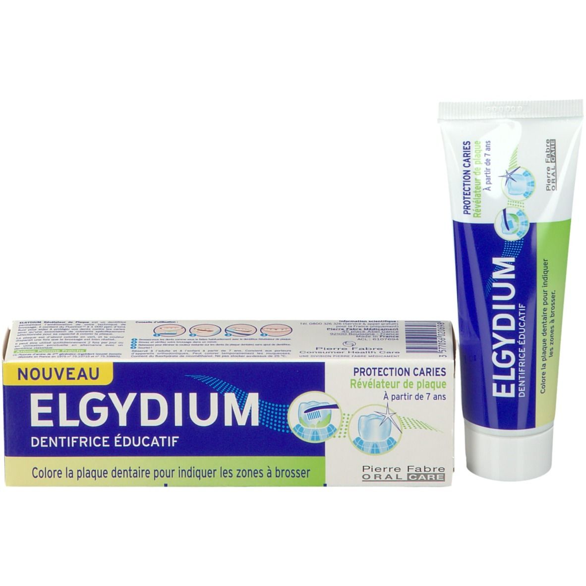 ELGYDIUM tandpastatube en doos. Tube en doos met productnaam en tekst. Bescherming tegen cariës vanaf 7 jaar.