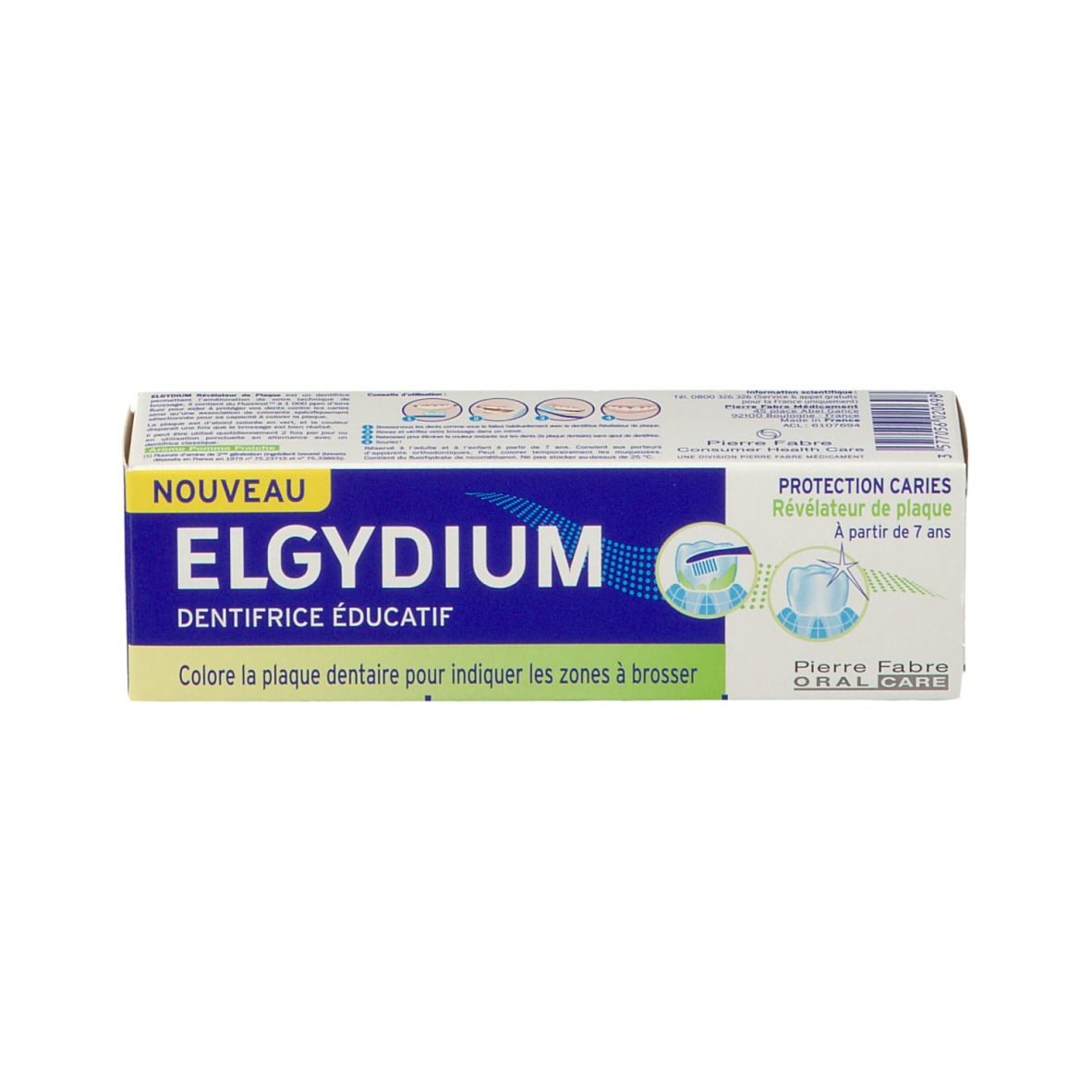 Doos ELGYDIUM. Blauwe doos met productnaam en tekst. Bescherming tegen cariës vanaf 7 jaar.